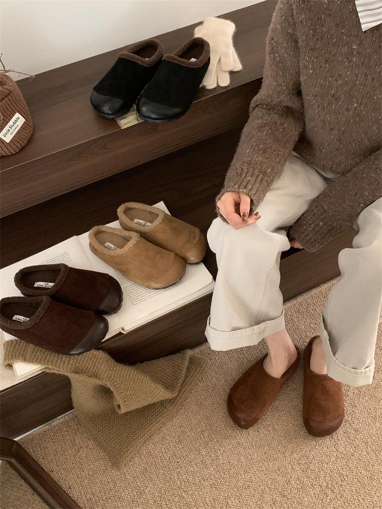 2025 Autumn and Winter Outer Wear Ugly Cute Big Head Female Retro Bag Head Cotton Fluffy Half Slippers Velvet Warm One Pedal Lazy