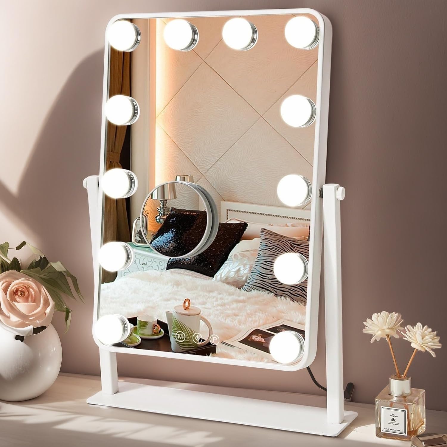 

ARREBOL Actress Rechargeable Large Hollywood Lighted Makeup 12 USB Three Color Lighting Stepless 10x Popular Day or Christmas Gift Mirror, Mirror,