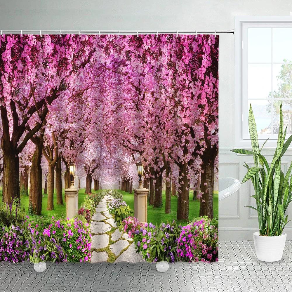 Spring Rural Landscape Shower Curtains Set Pink Flowers Tree Forest Natural Floral Green Plant Scenery With Hooks Bathroom Decor