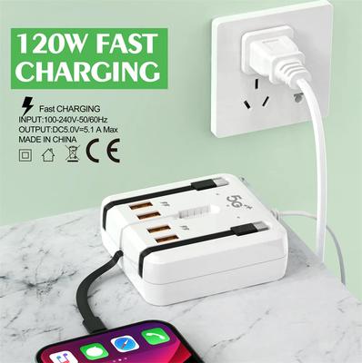 66W USB Type C-lader Multi-porter Vegglader Med Uttrekkbar USB-kabel For iPhone15 Samsung Xiaomi Strømskinne Stikkontakt
