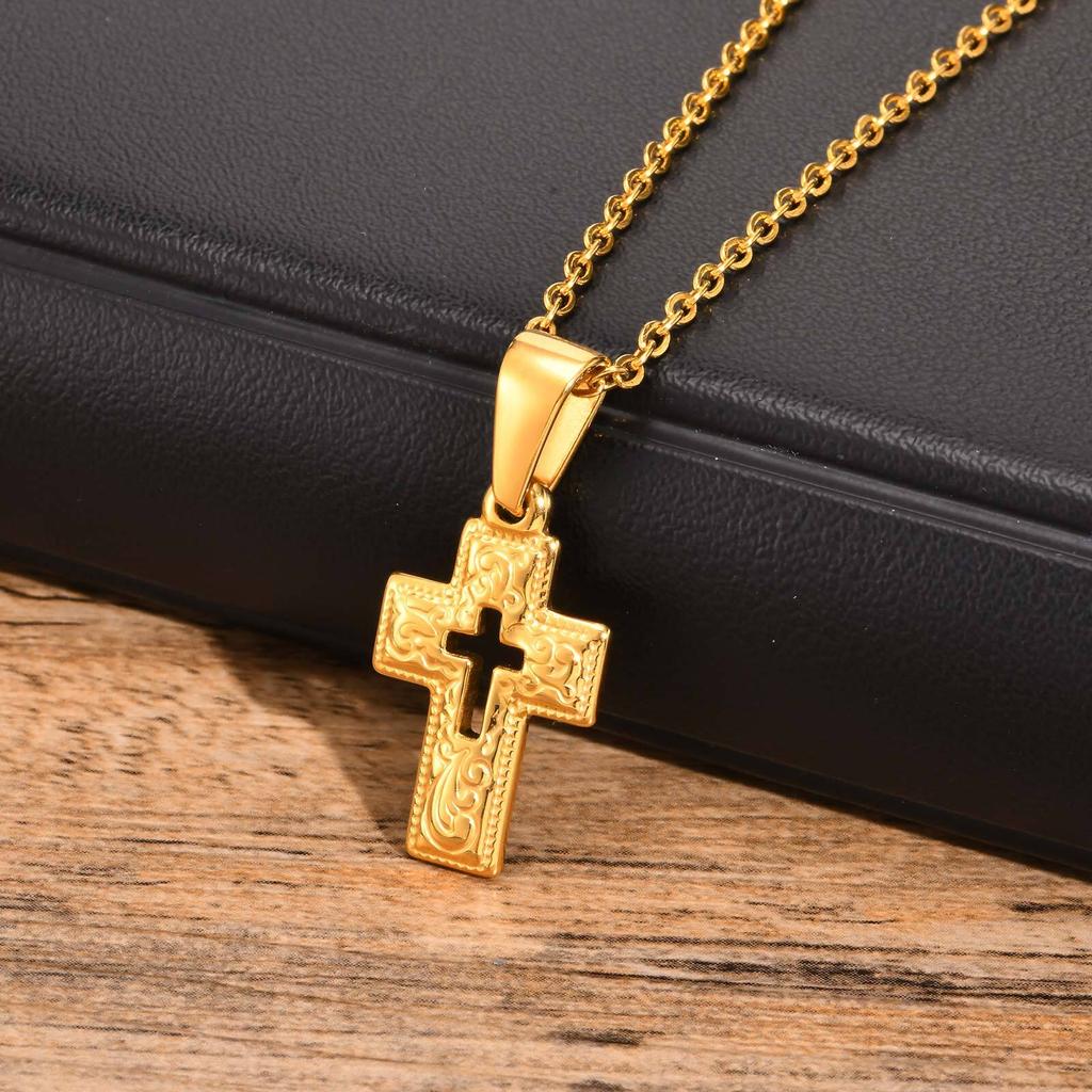 Gold Color Embossed Cross Necklaces for Men Women,Simple Cutout Unisex Catholic Cross Pendant,Christian Religious Jewelry Gifts