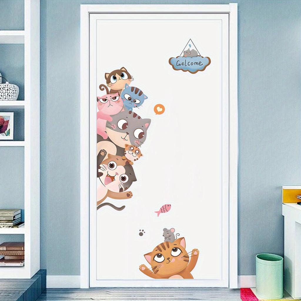 Cartoon Cute Cat Smiling Face Peeking At Animal Door Stickers Removable for Bedroom Living Room Nursery Decoration Wall Decal