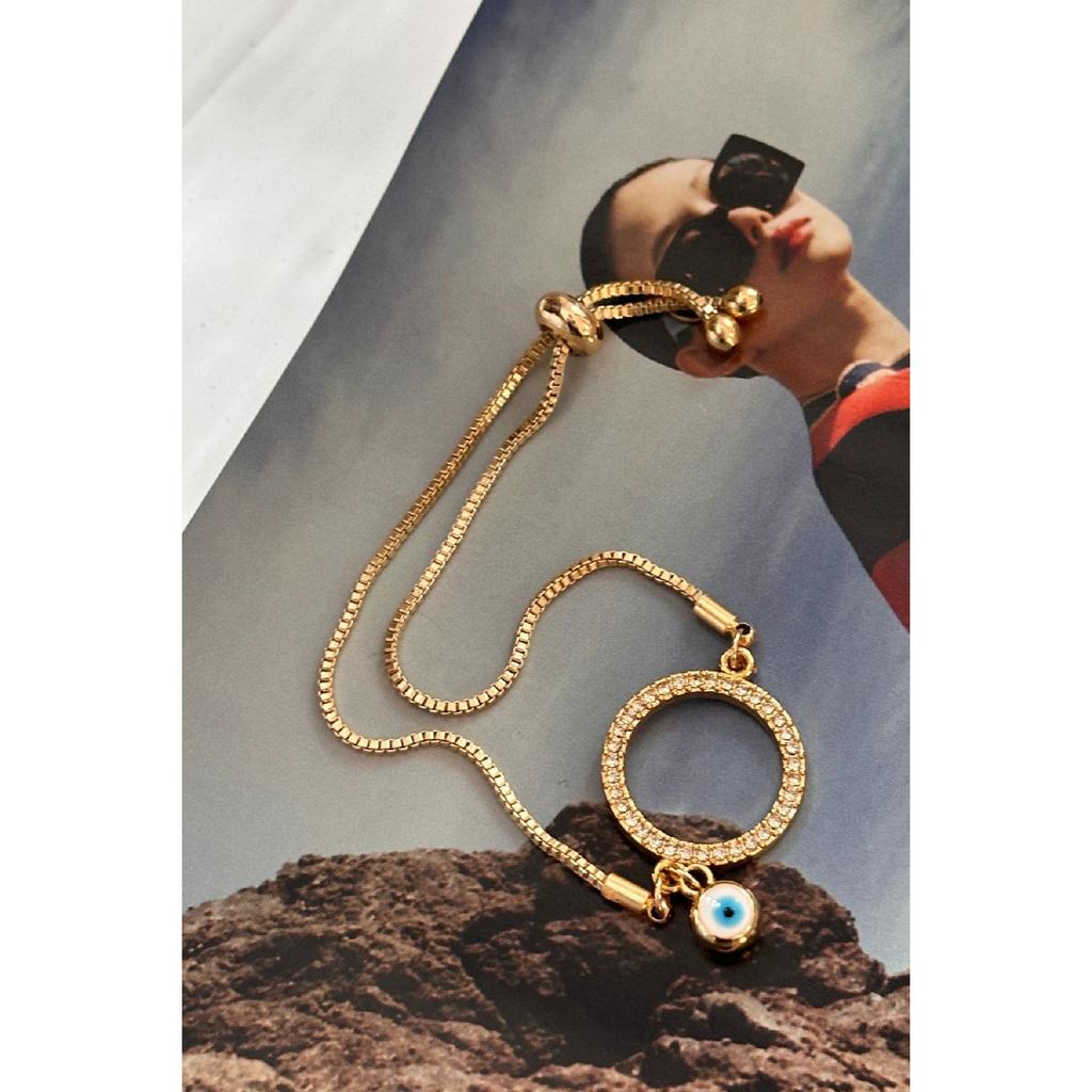 Zircon Stone Circle Model Evil Eye Dangle Bracelet With Elevator Adjustment