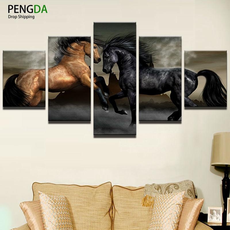 Pictură modernă de artă de perete Cadru decorativ pentru casă Imagini modulare Imprimate HD 5 panouri Alergând Cai Fine Pânză Poster de artă PENGDA