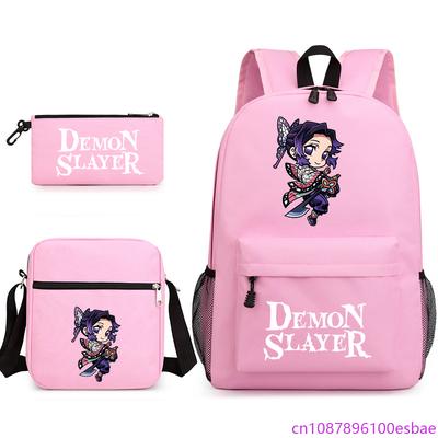 Anime Kochou Shinobu Cartoon Printed 3-Piece Backpack Boys Girls School 3-Piece Backpack Shoulder Bag Pencil Bag