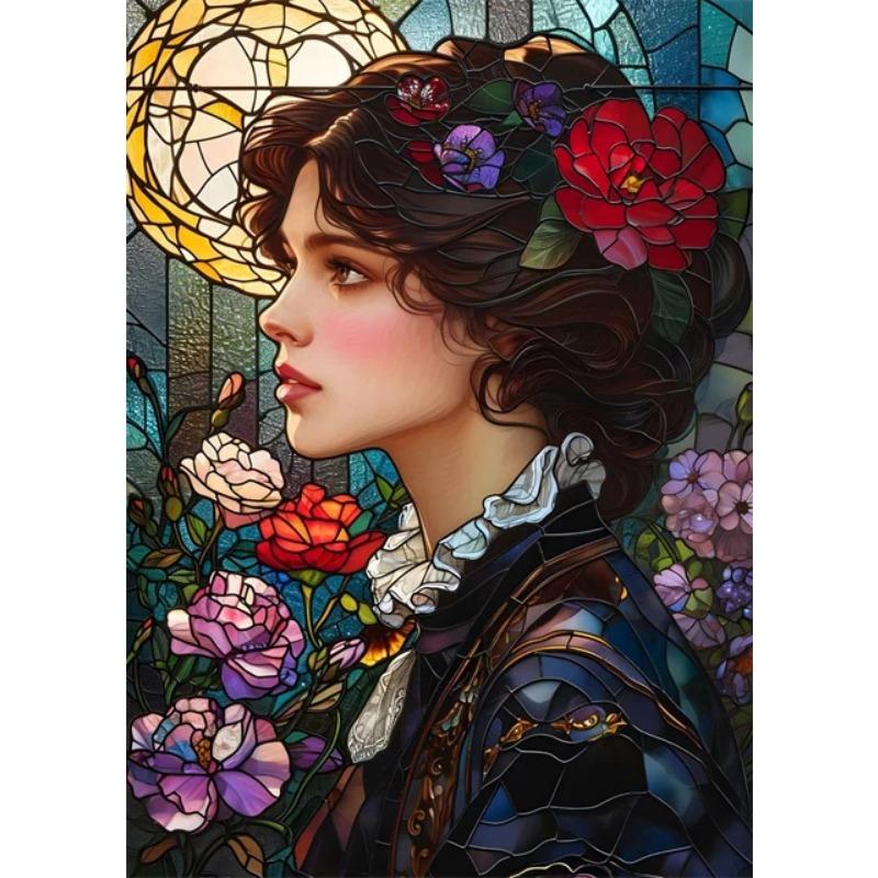 Beautiful Woman Floral Stained Glass Canvas Posters Canvas Print Art Painting Gothic Woman Flowers Wall Art Mural for Home Decor