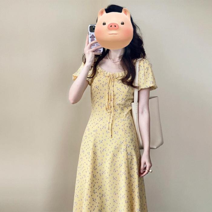 

Dopamine wears French yellow floral dress women s new summer beautiful long dress small man XL жовтий