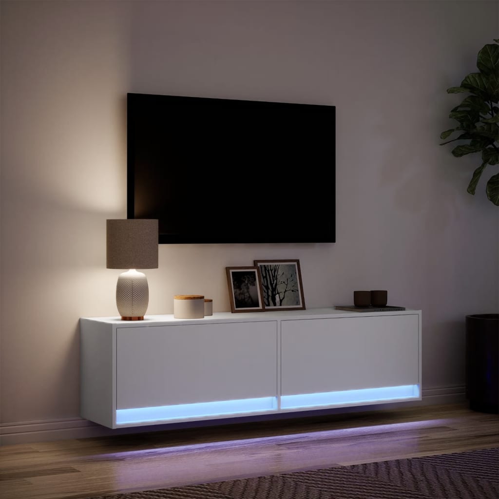 Ścienna Szafka Tv Z Led, Biała, 140X31X38 Cm