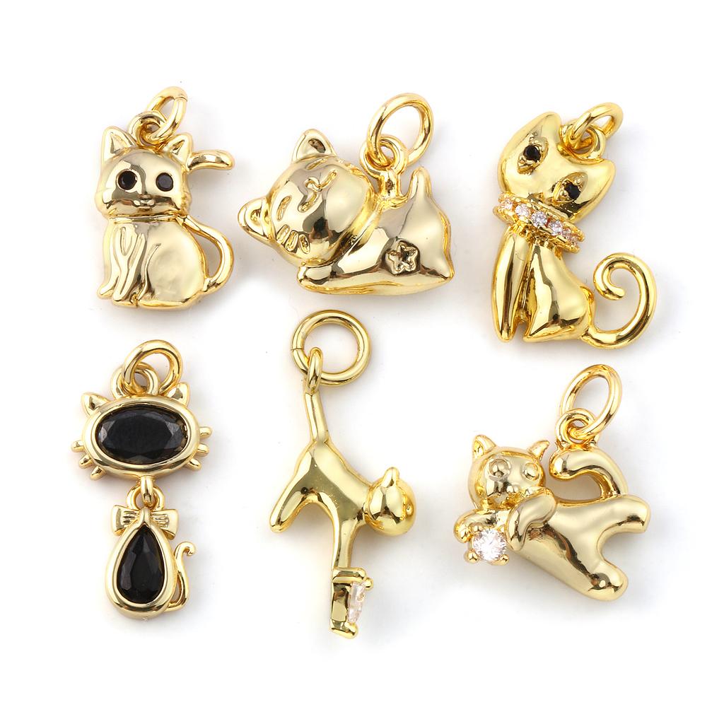 2 PCs Brass & Cubic Zirconia Charms 18K Gold Plated Cat Animal Pendants For DIY Necklace Bracelet Jewelry Making Findings