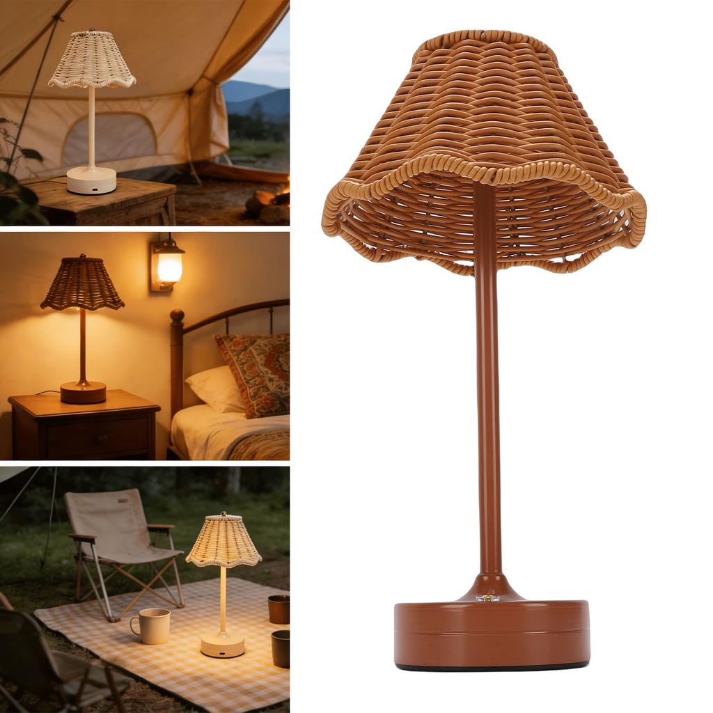 LED Vintage Rattan Table Lamp 3 Colors Cordless Shade Desk Lamp Bedside Night Light Brightness for Bedroom Decor