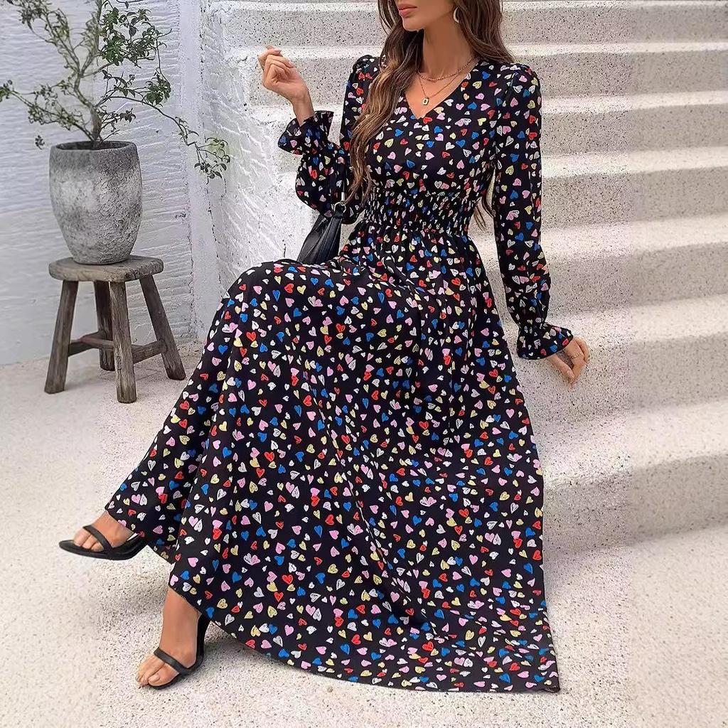 Women Spring Long Sleeve Floral Print V-neck Dress Summer Casual A-Line Ankle-Length Elastic High Waist Dresses