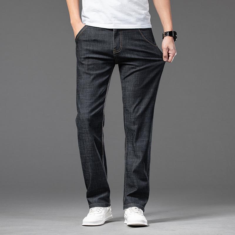 Large Size Men's Stretch Thin Jeans Summer Classic Black Blue Business Casual Straight Denim Pants Baggy Trousers 44 46