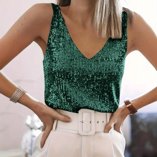 Women Tops Deep V-Neck Sparkling Sequins Design Sleeveless Vest Loose Fit Party Camisole Nightclub Wear