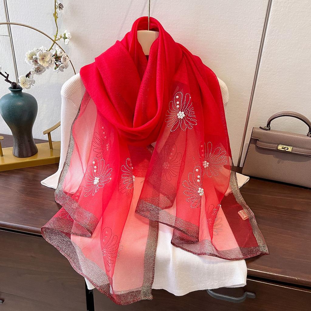 New Spring Hot Diamond Big Flower Order Pearl Versatile Warm Scarf Shawl Scarf for Women