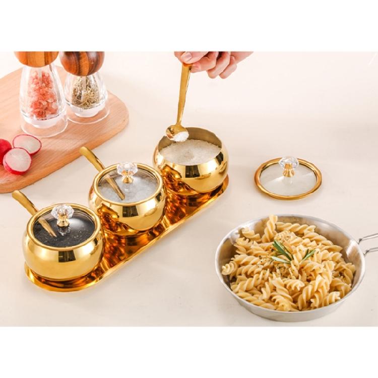 Practical Spices Jar Set with Serving Spoons Stainless Steel Spices Jar Set 3 Sections with Lid and Tray for Serving