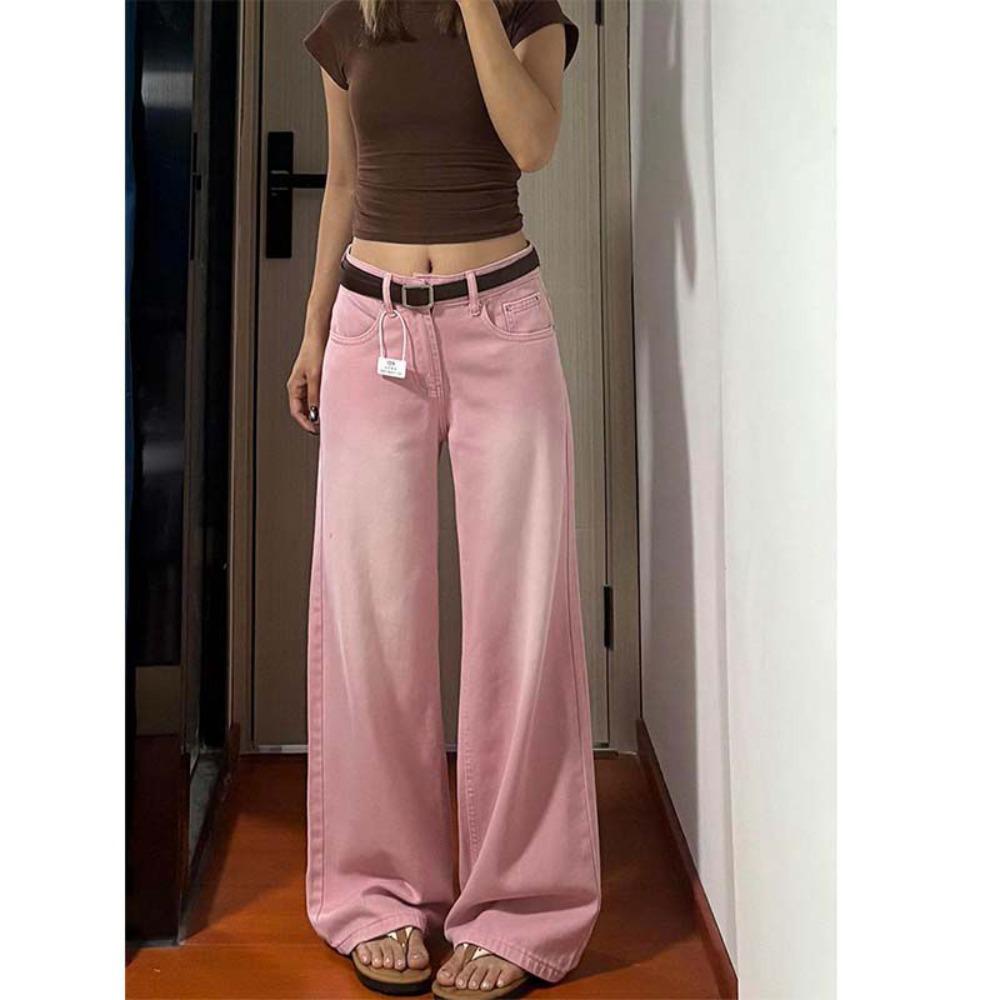 Women's High Waist Wide Leg Jeans Loose Gradient Pink Washed Straight Floor Length Denim Pants