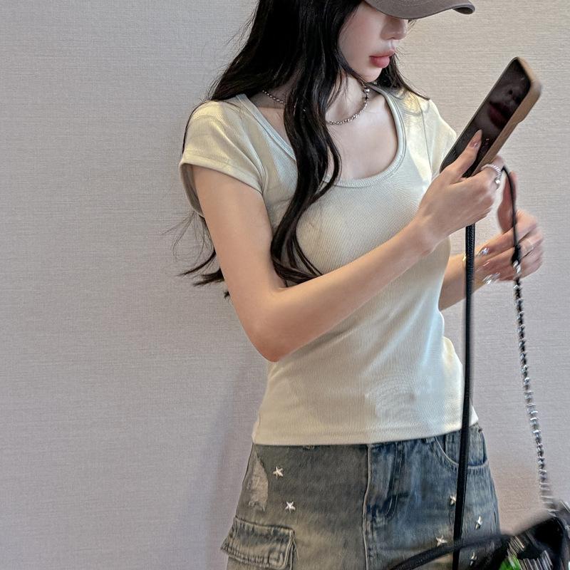 

Threaded large round neck front shoulder short-sleeved T-shirt women s summer inner wear thin high-end pure desire T-shirt top bottoming shirt xl (suitable for weight 65-75kg )