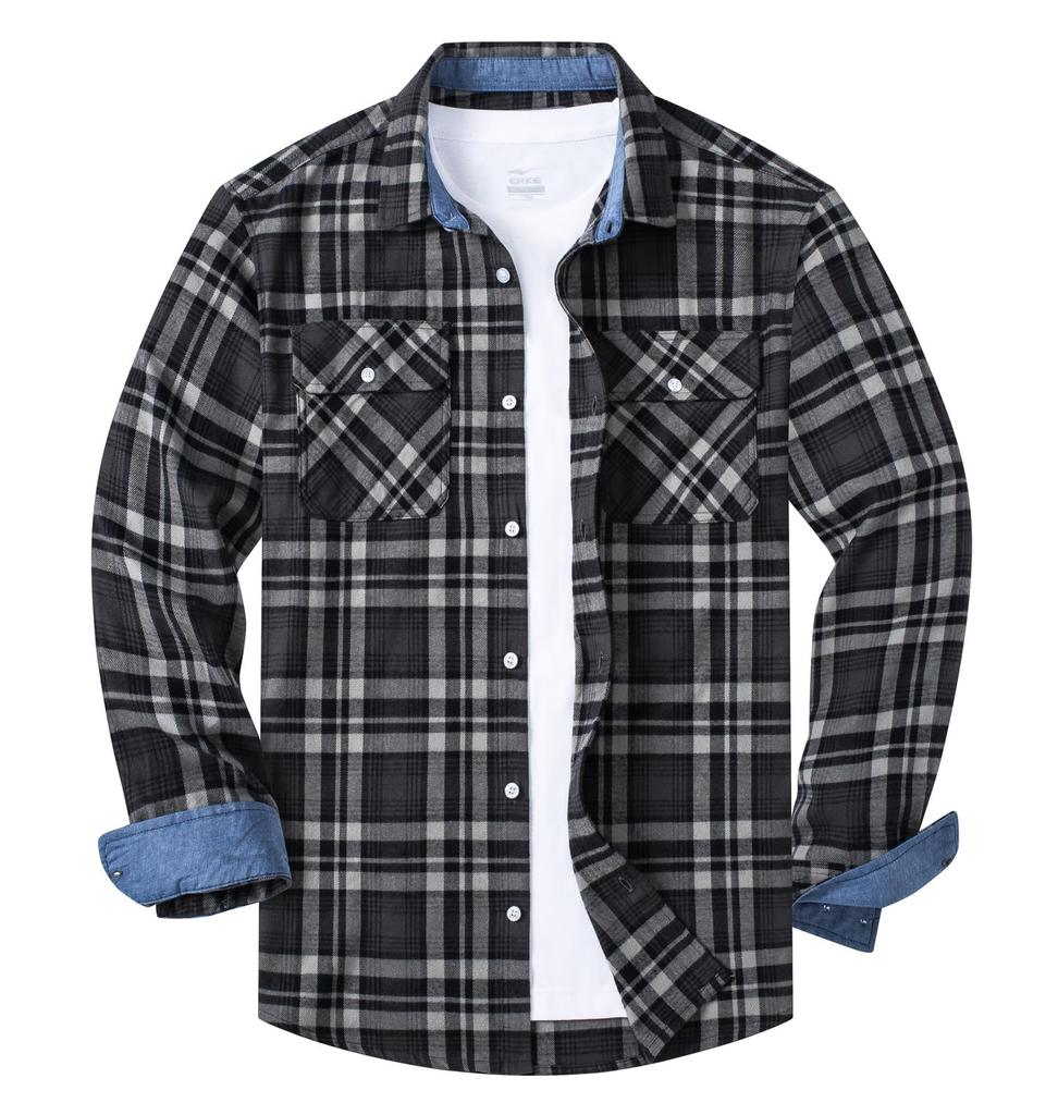 KEFITEVD Long Sleeve Check Plus Loose Shirt Size M Men's Shirt, Size, Fit, Spring, Pocket, Jacket, Casual, Wrinkle-Resistant, Flannel, Black/Gray,