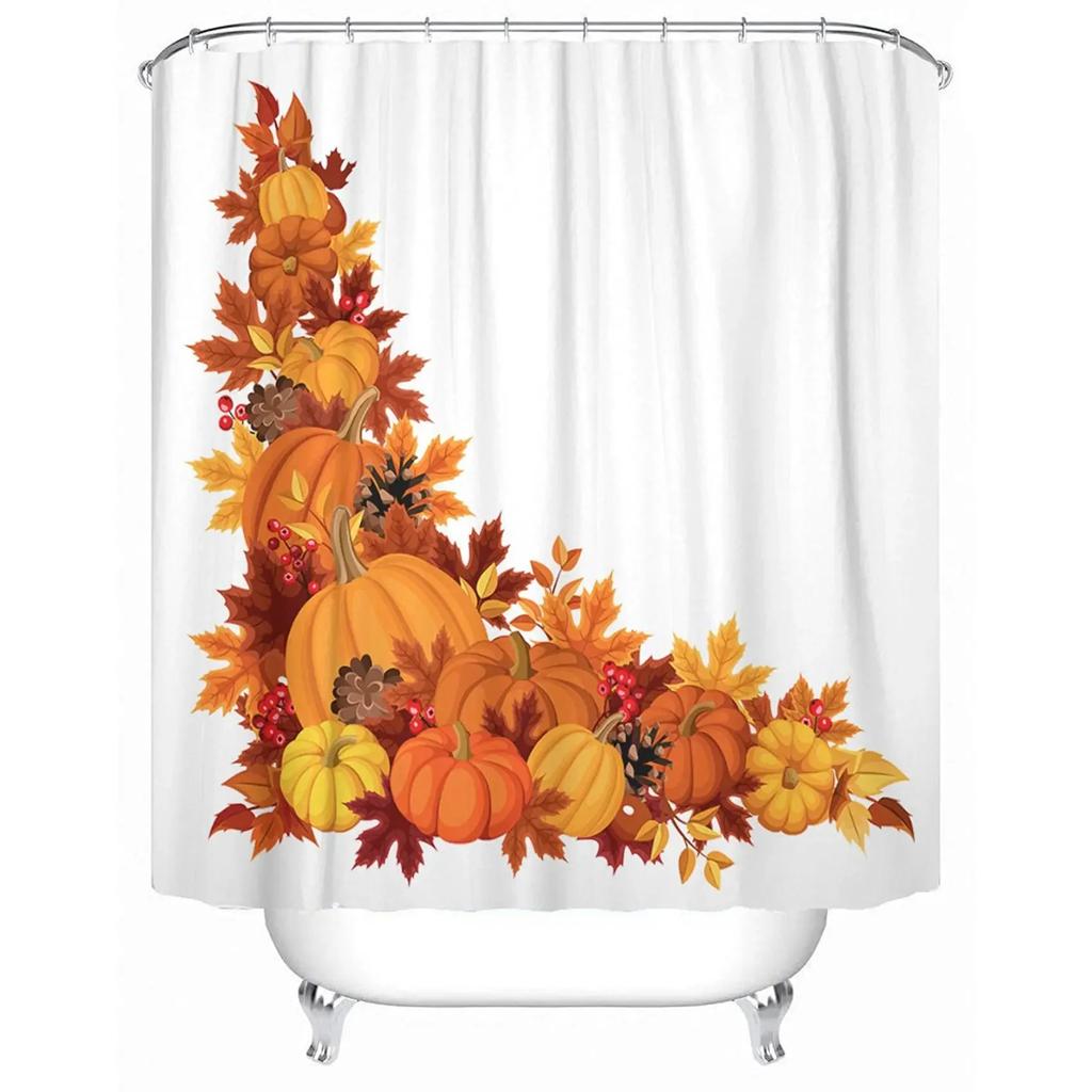 Autumn Fall Shower Curtains Brown with Thanksgiving Harvest Pumpkin Bathroom Curtain for Halloween Party Home Decor with Hooks