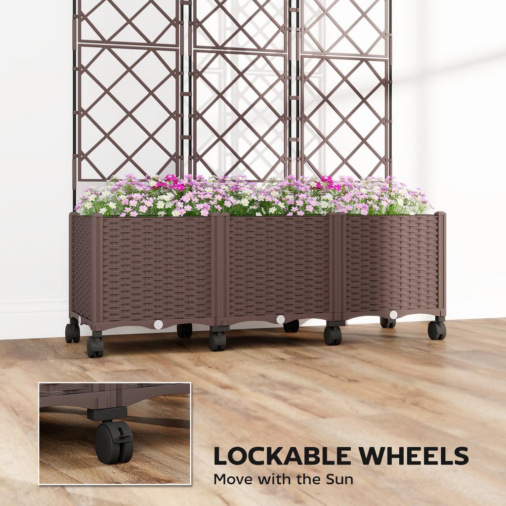 Plastic Raised Planter with Trellis, Self Watering Raised Bed for Garden with Wheels, Drainage Holes and Plugs
