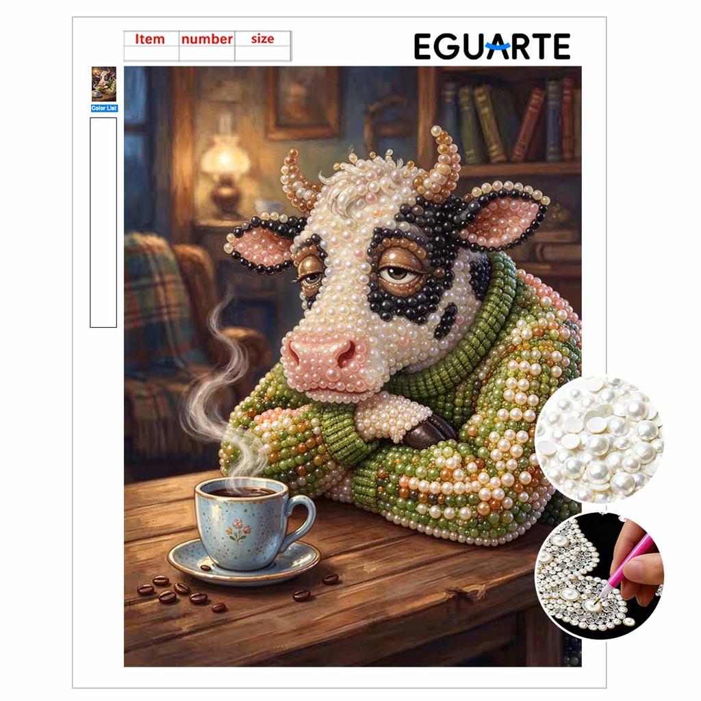 Coffee Cow Pearl Painting Kit with Frame Sparkling Bead Canvas Creative Leisure Craft for Relaxing Wall Decor Gift DIY Art Hobby Project