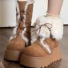 Winter Chunky Heel Women Fur Lining Snow Boots Concise Height Increase Shoes Ladies Comfort Warm Cotton Mid Calf Booties