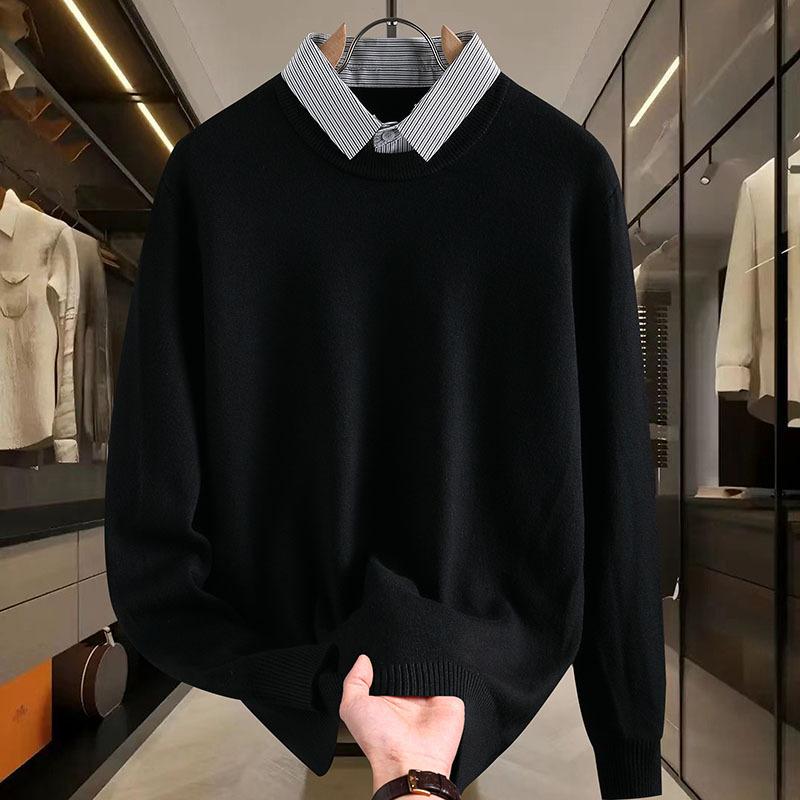 New Fake Two-piece Sweater for Men  Warm Autumn Winter Base Shirt Thread