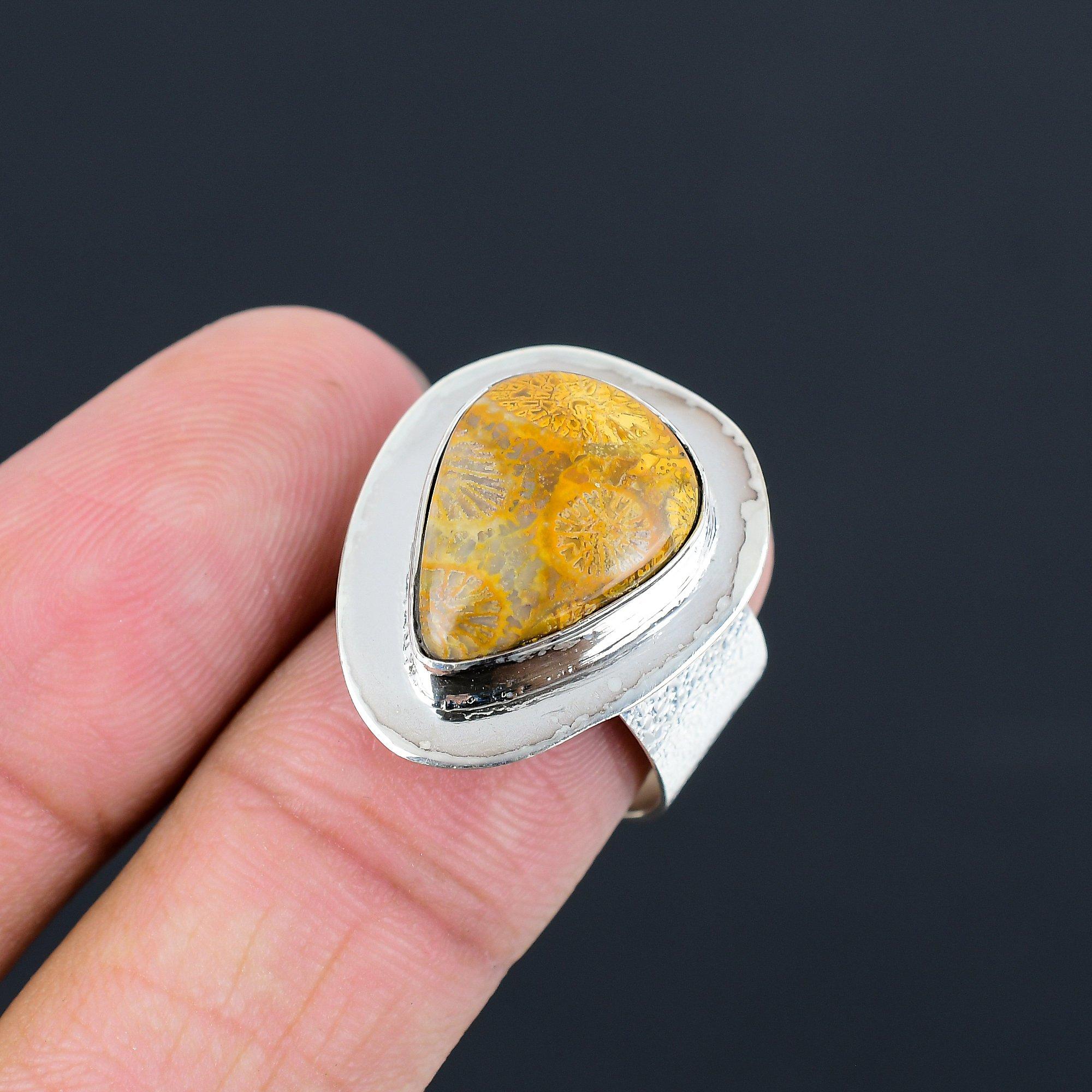 Sterling Silver Fossil Coral Gemstone Statement Unique Boho Ring Jewelry Size 8 8