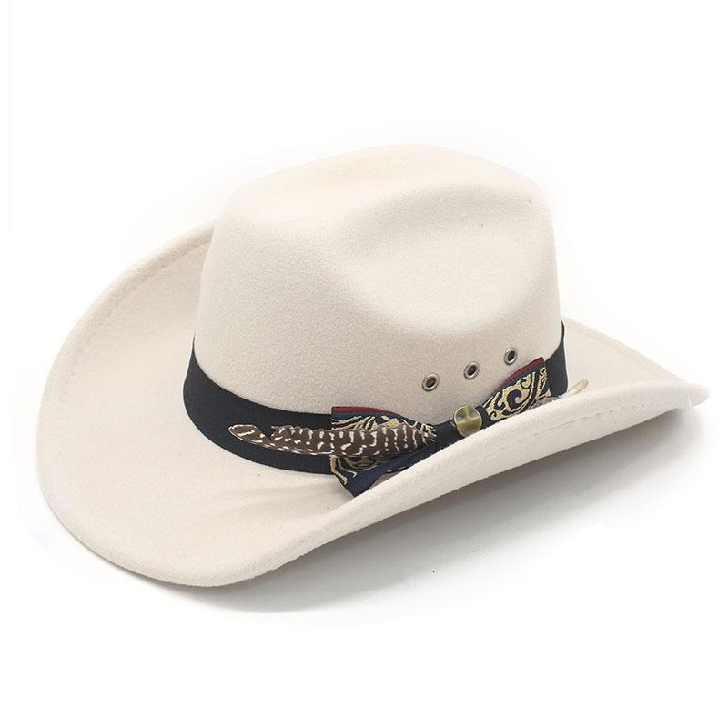 New ethnic style feather bow word western cowboy hat woolen top hat big eaves hat jazz hat