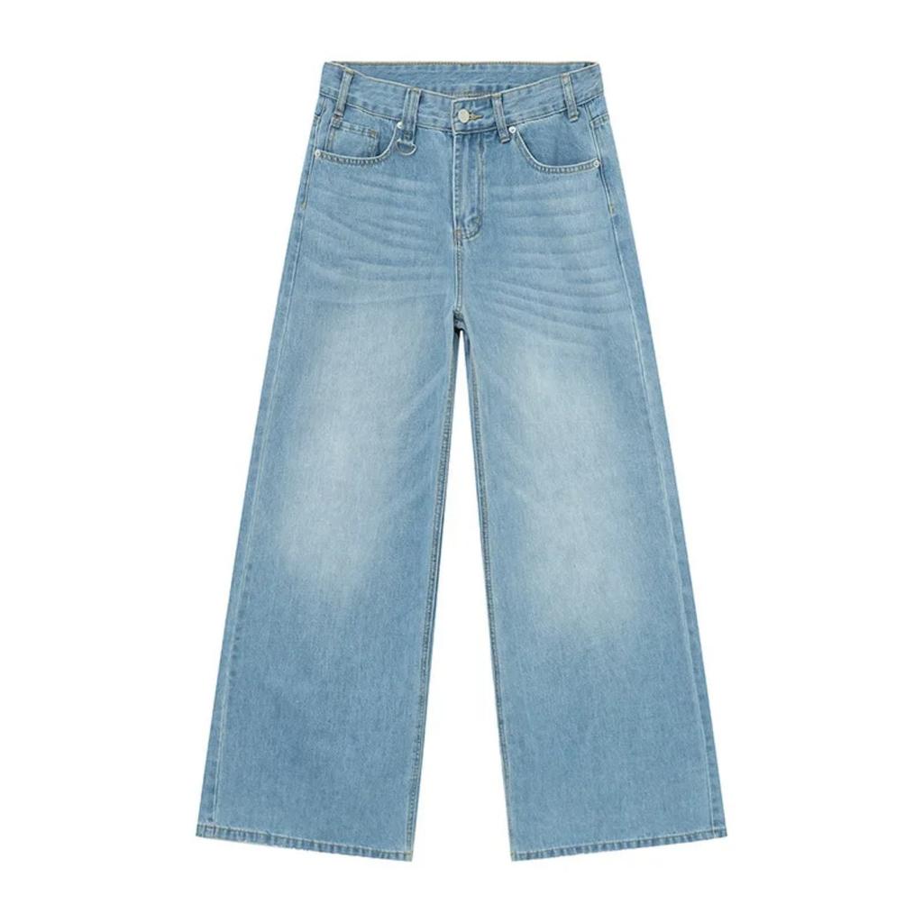 Men's Denim Pants Old Blue Washed Male Jeans Straight Casual Menwear Loose Wide Leg Trousers New Fashion