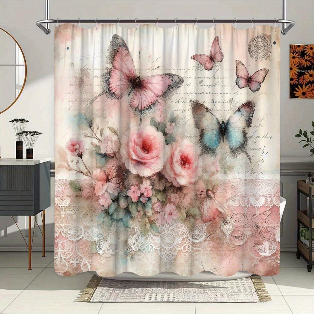 

Outdoor Floral Shower Curtain - Natural Scenery With Butterflies & Daisies, Country Style, Watercolor Design W60H190(CM)-1 Pcs