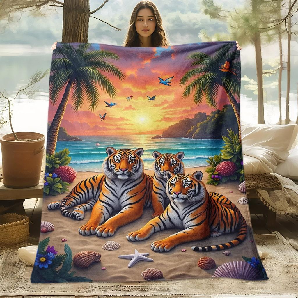 Custom Tiger Blanket Tropical Beach Sunset Palm Trees Ocean Design Personalized Name Fleece Throw All Season Soft Warm Bedding 75X95CM