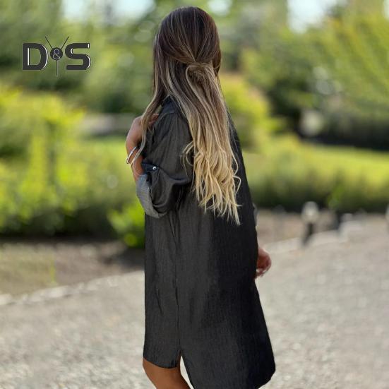 Denim Shirt Dress Shirt Collar Long Sleeves Women A-Line Style Dress Solid Color Single Breasted Knee-Length Dress