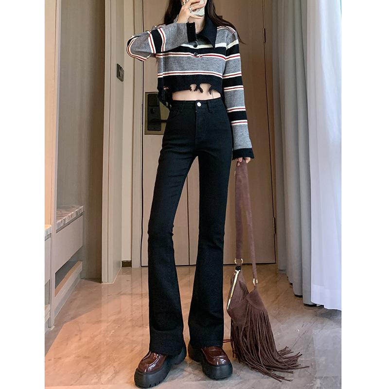 0763 Versatile Casual High-waisted Micro-flared Jeans Women's Spring and Autumn New Fashion Horseshoe Micro-pulled Jeans Tide