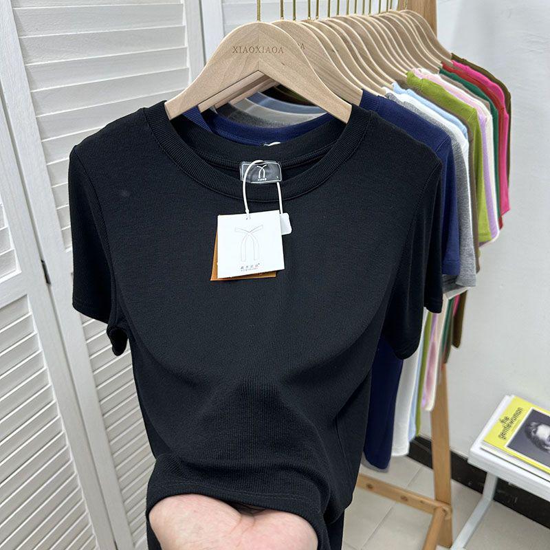 European Plus Size Ribbed Loose Short Sleeve T-shirt, Women's Green Base Layer Blouse