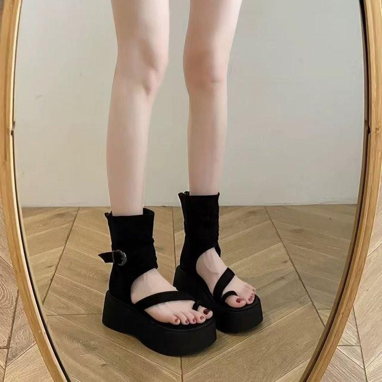[Fanfna] Summer new retro platform Roman cool boots women's fashion set toe high-top sandals heightening short boots