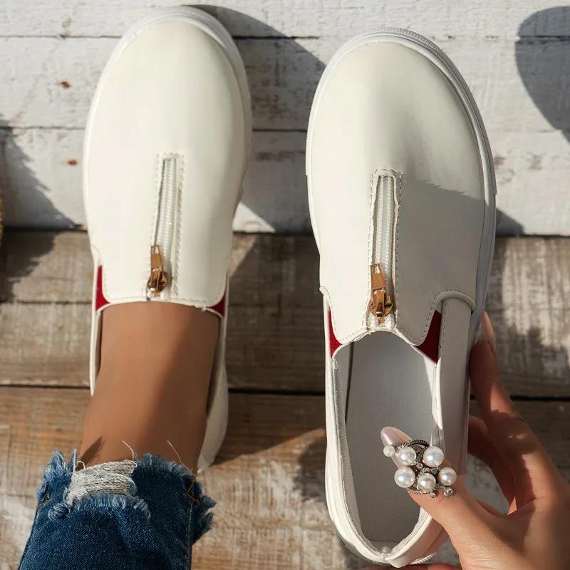 New Style Women Front Zip Sneakers Low Top Canvas Shoes Solid Colour Round Head Non-slip Casual Slip on Loafers Plus Size 36-43
