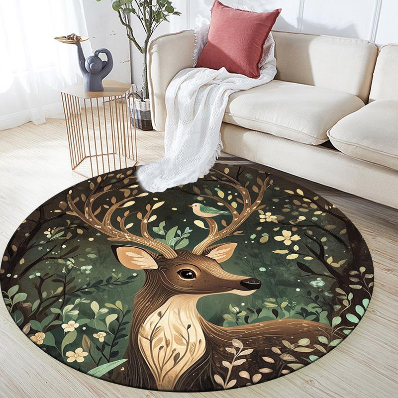 Forest Deer,Round Area Rug,Carpet Rug for Living Room Bedroom Sofa Playroom Decor,Non-slip Floor Mat