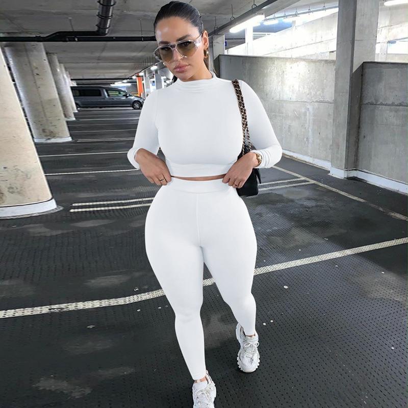 VEZFAA Women's Fashion Casual Spring Autumn Solid Color Print Long Sleeve O-Neck Trousers Pants Suits