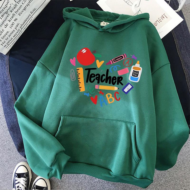 Teacher Print Long Sleeve Hoodies Woman Casual Autunm Winter Hooded Women's Y2k Sweatshirt Clothing for School 90s Female