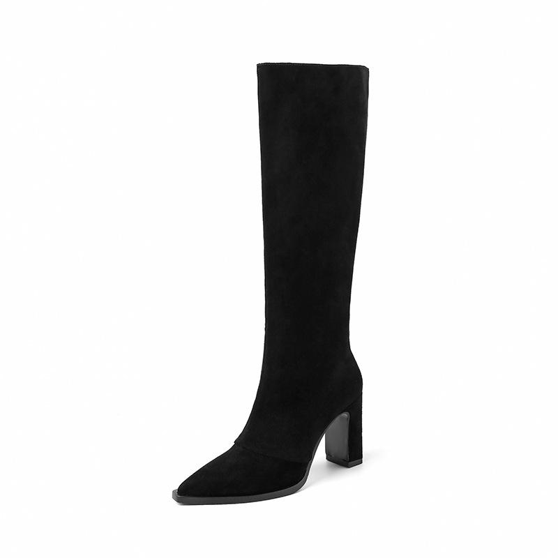 8.5CM European popular high boots 2025 autumn and winter new pointed thick heels but knee thin elastic boots women