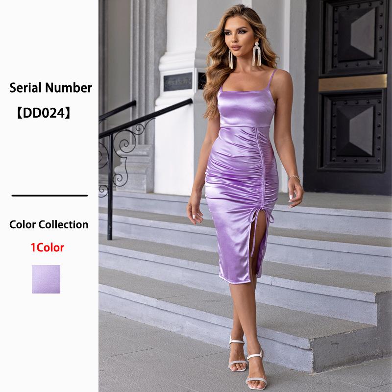 

European and American new purple satin suspender women s dress sexy slim side split hip wrap dress dress dress women XS светло-фиолетовый