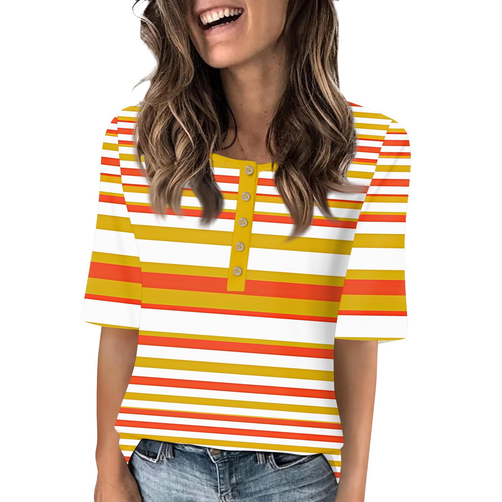 

Рубашки для женщин, модные футболки с круглым вырезом и пуговицами, повседневные летние футболки с принтом, футболка, блузка, топы с короткими рукавами для женщин XL оранжевый