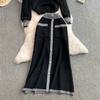 Autumn Winter Women Casual Knitted Sweater Two Piece Set V-neck Pullover Tops and Long Maxi Big Swing Skirt Suit