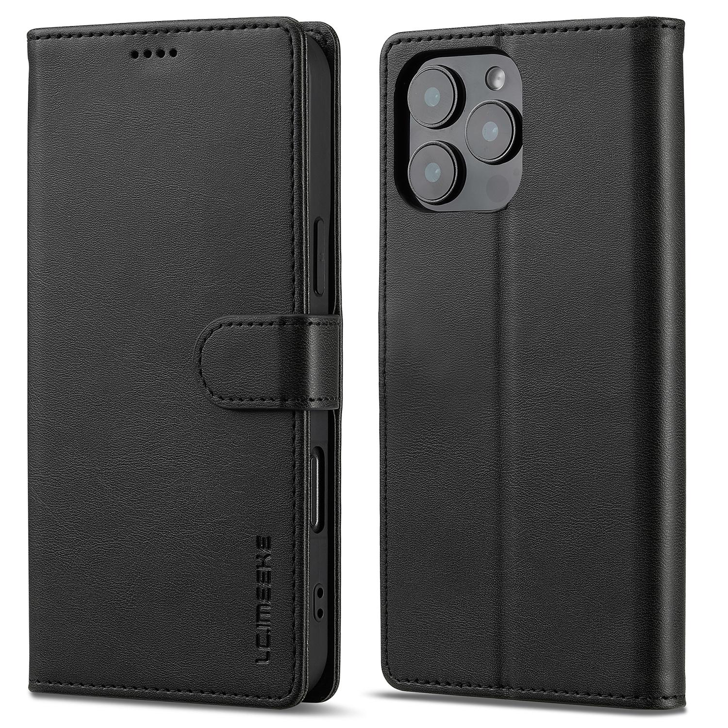 

LC.IMEEKE For iPhone 16 Pro Max Case Calf Texture PU Leather Stand Wallet Phone Cover Black