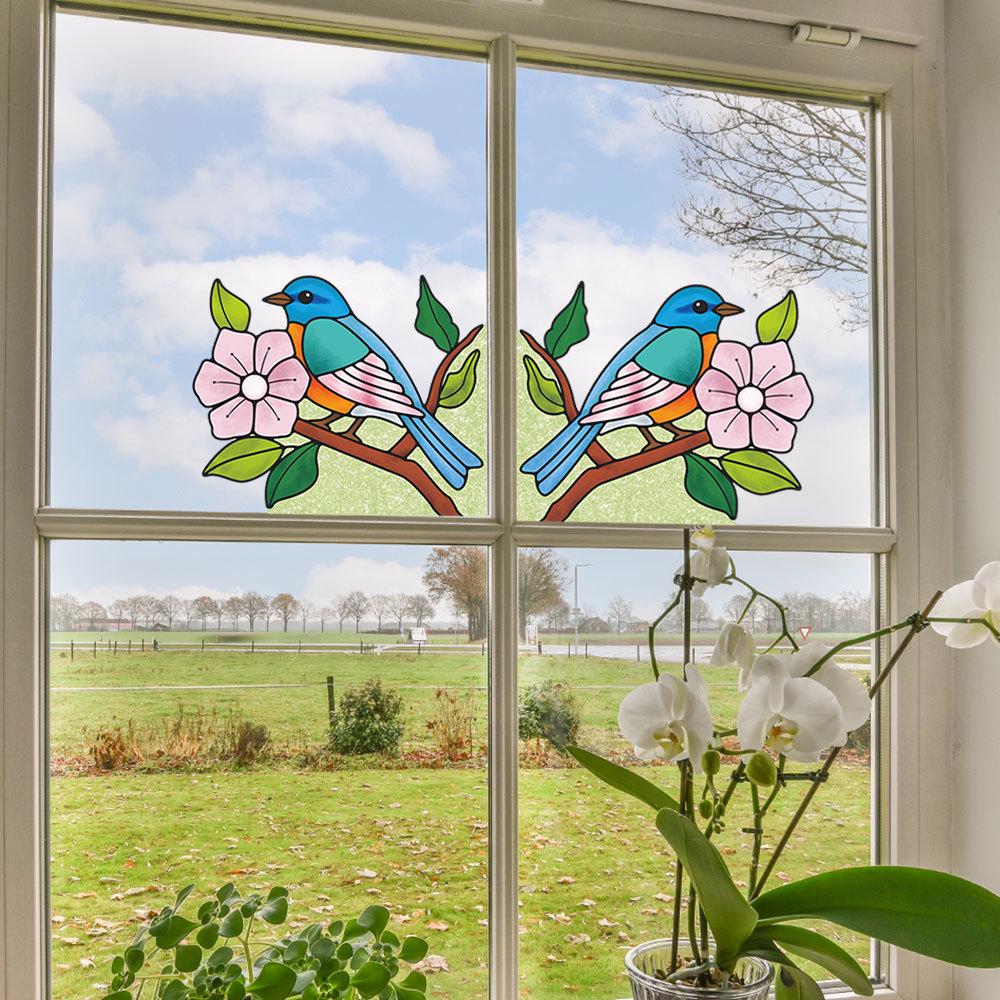 Double-Sided Transparent Window Sticker: Colored Flower & Bird Corner Glass Film with Adhesive