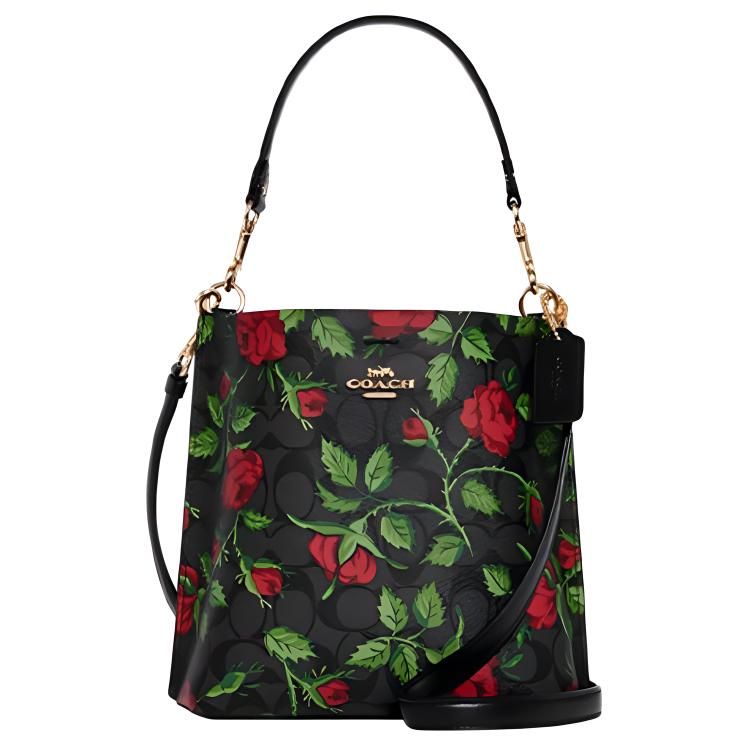 Coach Women's Black Mollie Classic Monogram Buckle Closure Fairy Tale Rose Print Bucket Bag Shoulder Bag Cc876-Imuq4