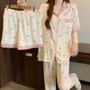 Pink Cute Bow Printing Contrasting Color Cloud Cotton Pajamas Women'S Summer Casual Loungewear Short-Sleeved Three-Piece Set