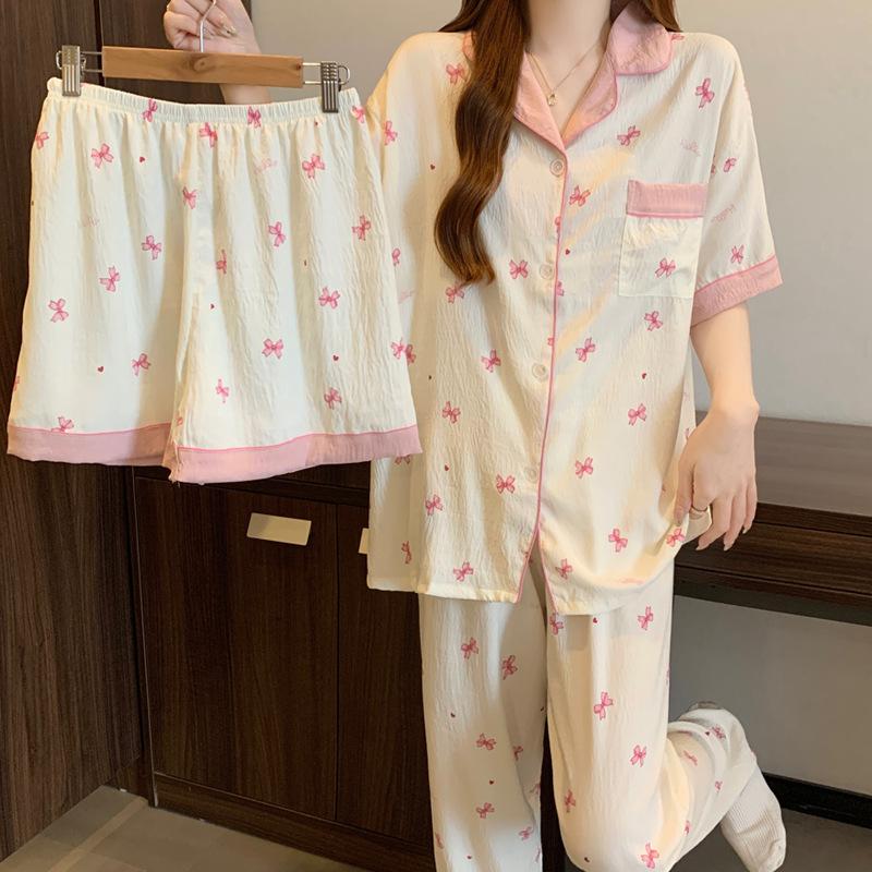 Pink Cute Bow Printing Contrasting Color Cloud Cotton Pajamas Women'S Summer Casual Loungewear Short-Sleeved Three-Piece Set