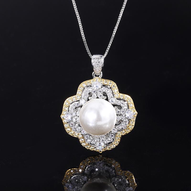 Jewelry Inlaid With Gold, White Beads, Light Gold Color Separation Electroplating, Fashion Inlaid With Diamonds, Pendant Necklace 14Mm